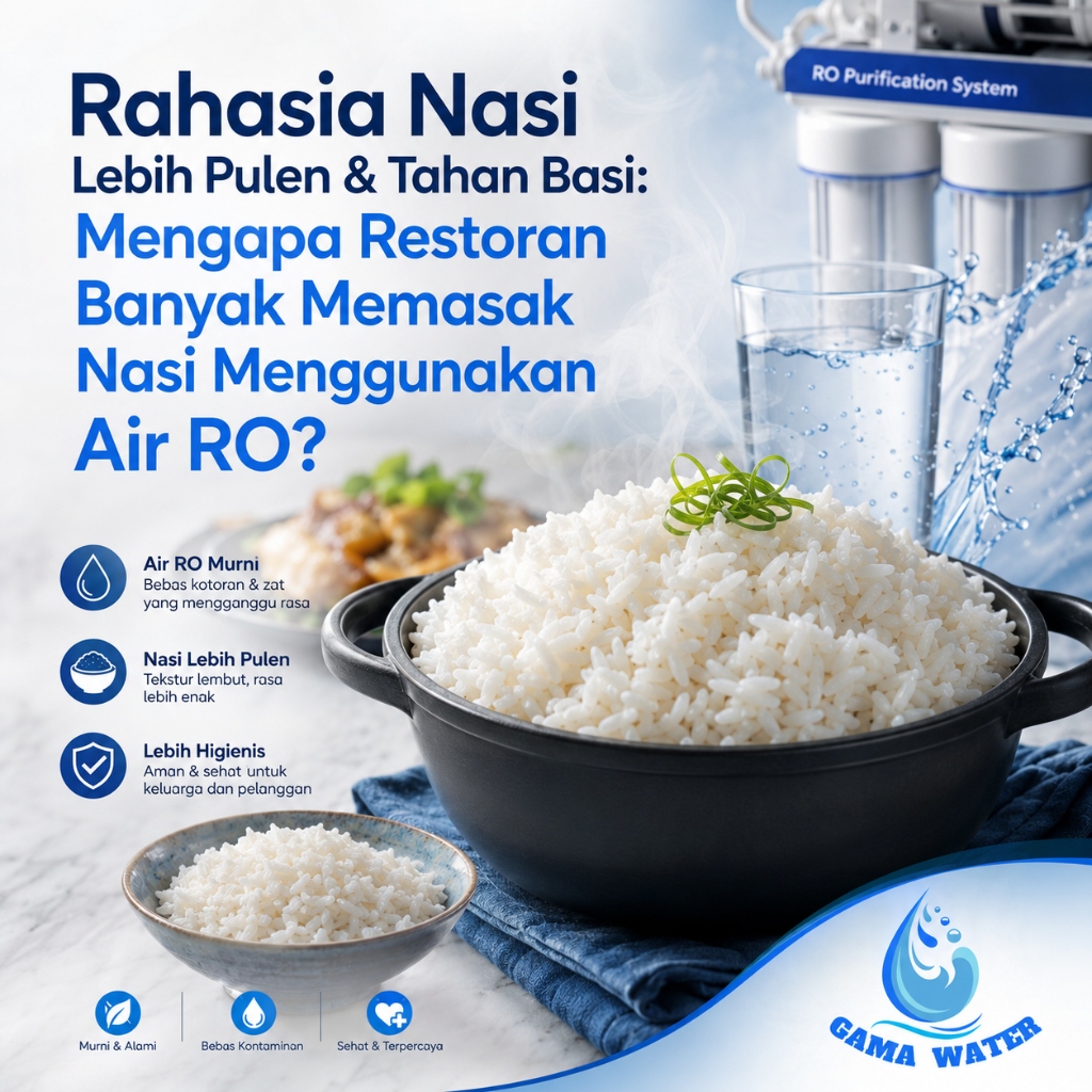 Steaming hot bowl of white rice cooked with pure RO water next to a glass of water