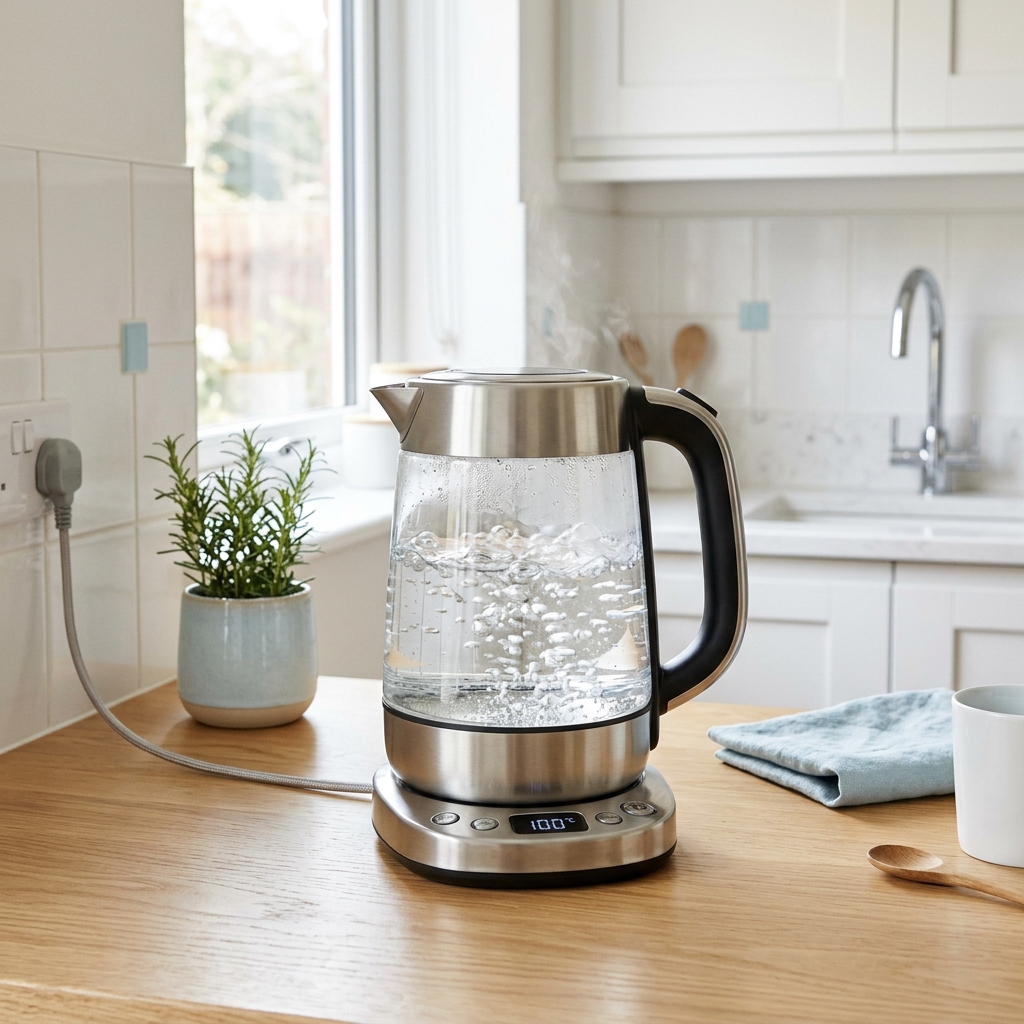 Boiling water in a clean glass kettle free of mineral scale